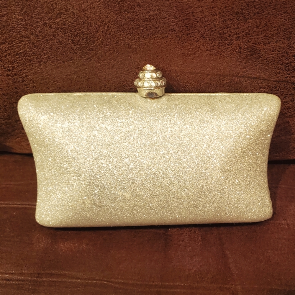 Silver glitter clutch with rhinestone closure